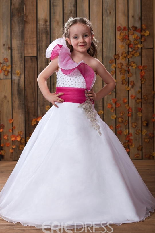 Cute A-line Floral One-shoulder Floor-length Beaded Flower Girl Dress