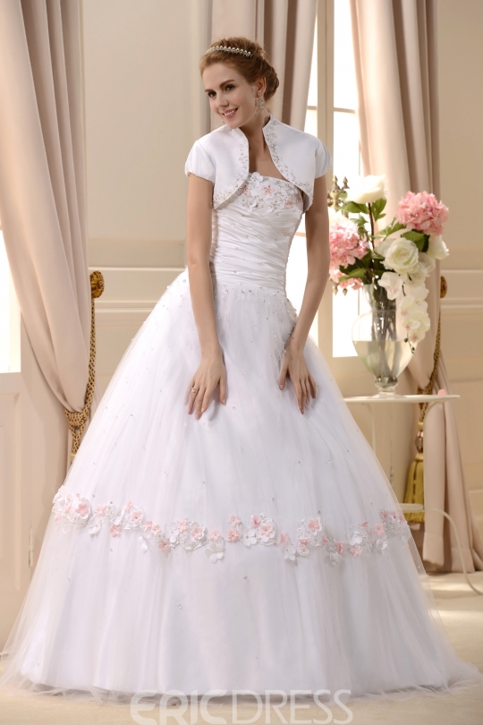 Amazing Strapless Floor-length Beaded Wedding Dress With Jacket Shawl