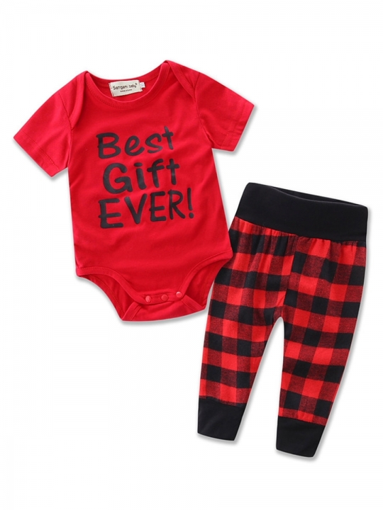 Letter T-shirt Plaid Pants 2-Pcs Girls Outfit